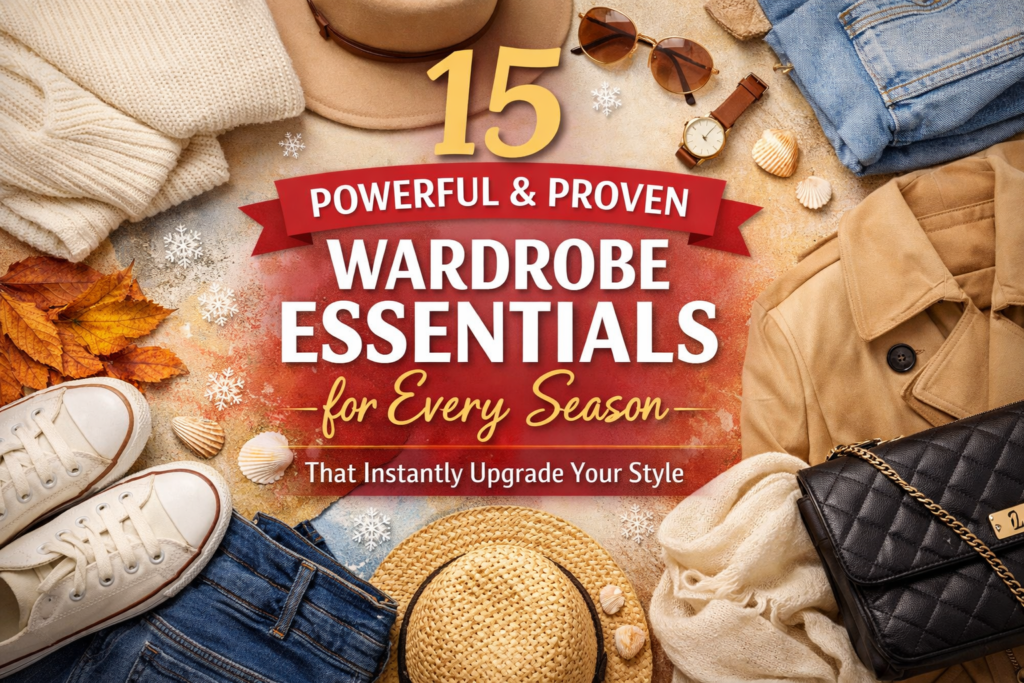 15 wardrobe essentials for every season flat lay featuring seasonal clothing basics and timeless style staples