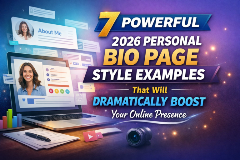 2026 personal bio page style examples featured image showing modern bio page design on laptop