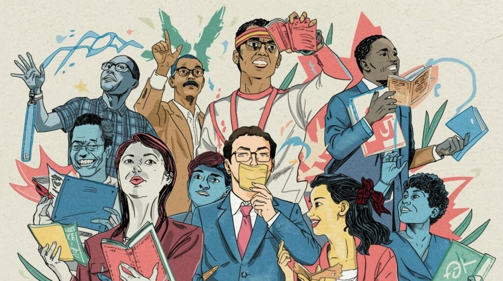 Illustration representing social activists biographies books and diverse voices inspiring social change through reading and education