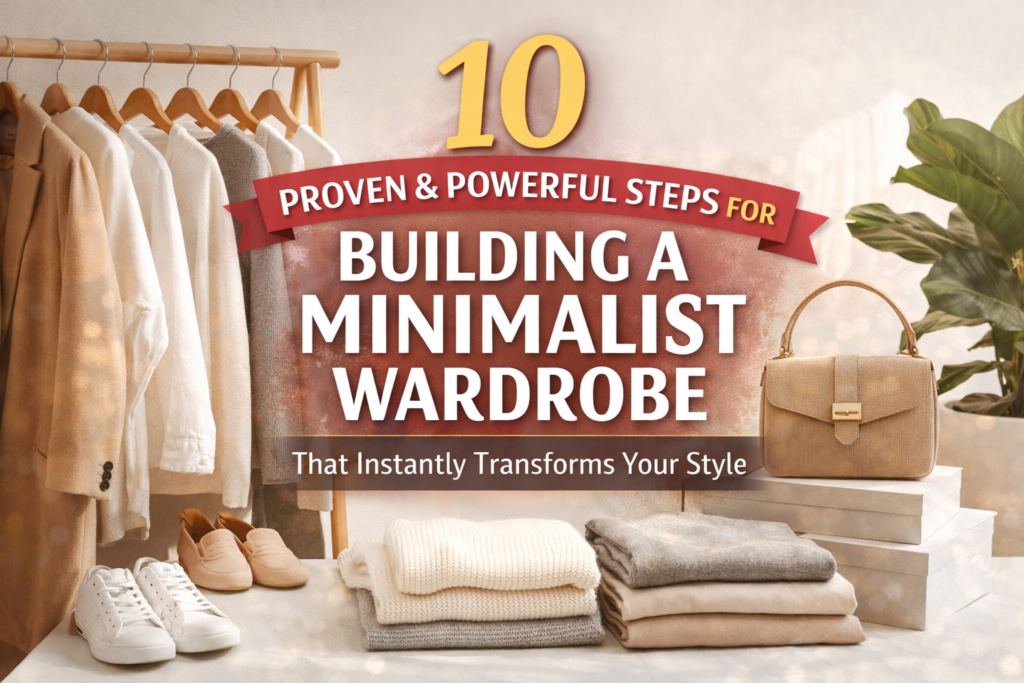 Building a minimalist wardrobe with neutral clothing staples arranged in a clean capsule closet layout