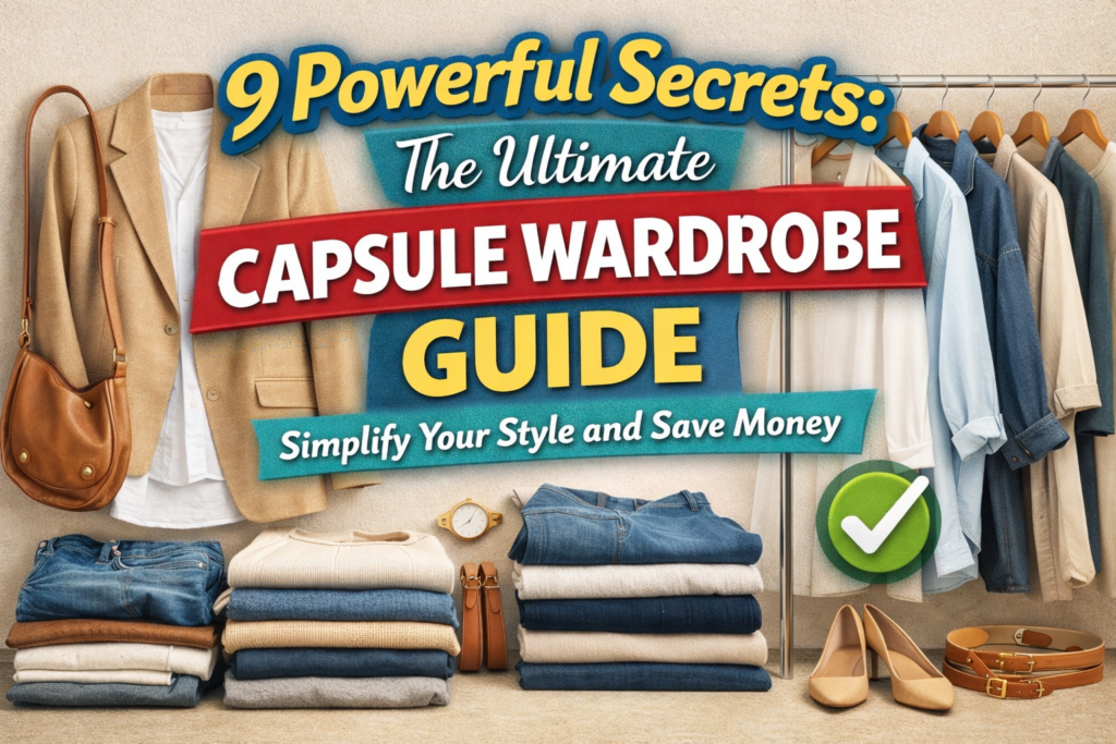 Capsule wardrobe guide showing essential neutral clothing pieces arranged in a minimalist and organized closet setup