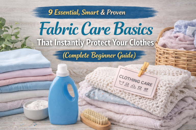 Fabric care basics guide showing proper laundry sorting, detergent use, and clothing maintenance tips