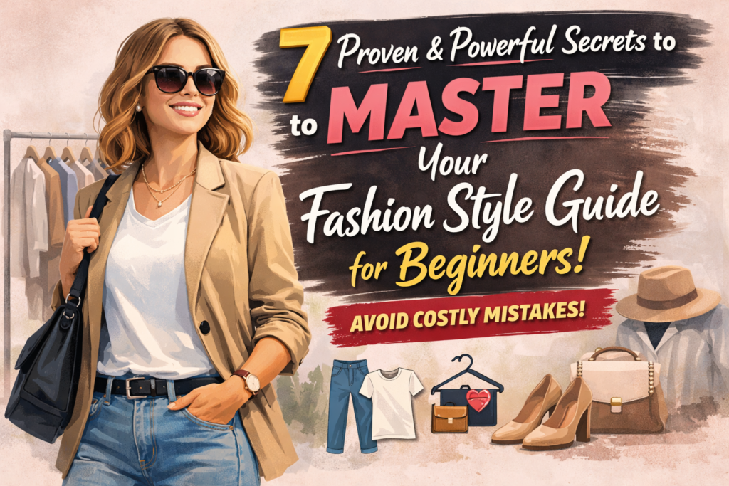 Fashion style guide for beginners showing a woman wearing a beige blazer, white t-shirt, and jeans with wardrobe essentials in the background