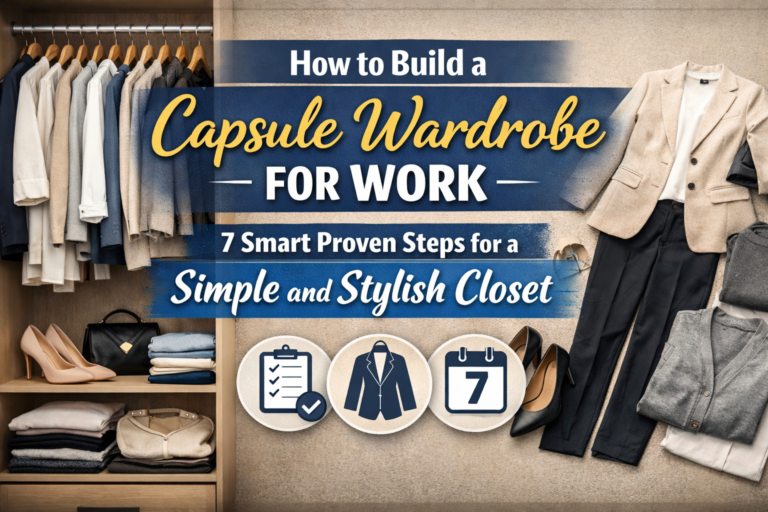 How to build a capsule wardrobe for work with neutral blazers, trousers, shoes, and organized professional clothing layout