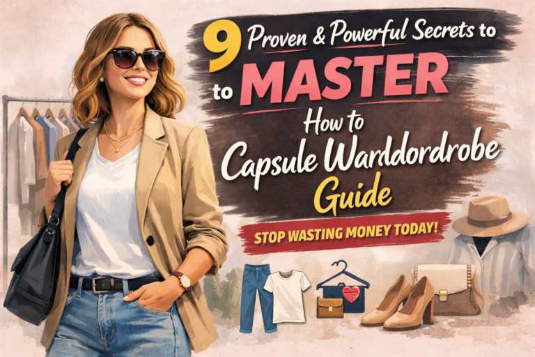 How to build a capsule wardrobe guide illustration showing a woman in neutral blazer and jeans with essential capsule wardrobe pieces in the background