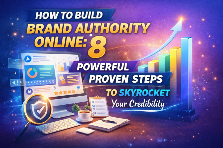 how to build brand authority online featured image showing growth chart, trust shield, and credibility icons
