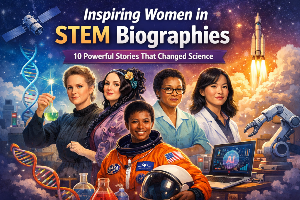 Illustration representing inspiring women in STEM biographies, featuring female scientists, engineers, and innovators in science, technology, engineering, and mathematics.