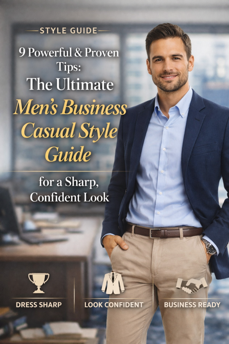 Men’s business casual style guide featuring a smart office outfit with blazer, button-down shirt, chinos, and loafers