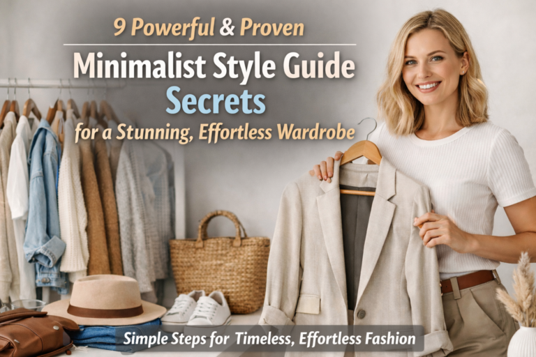 Minimalist style guide showing neutral wardrobe essentials and timeless outfit basics