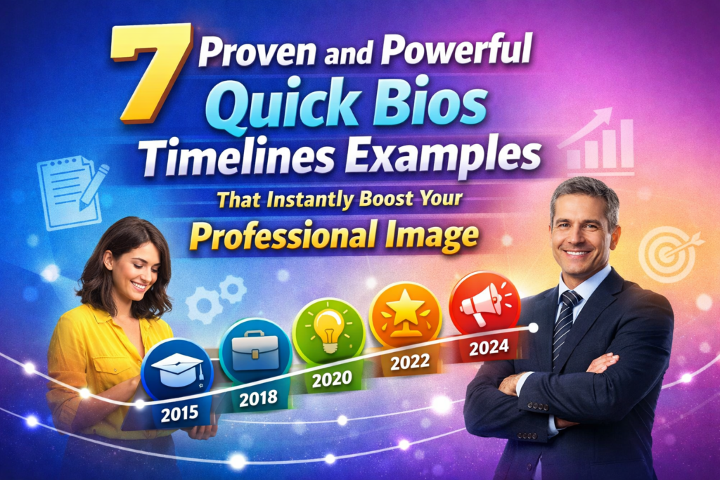 Quick bios timelines examples feature image showing professional career milestones in timeline format