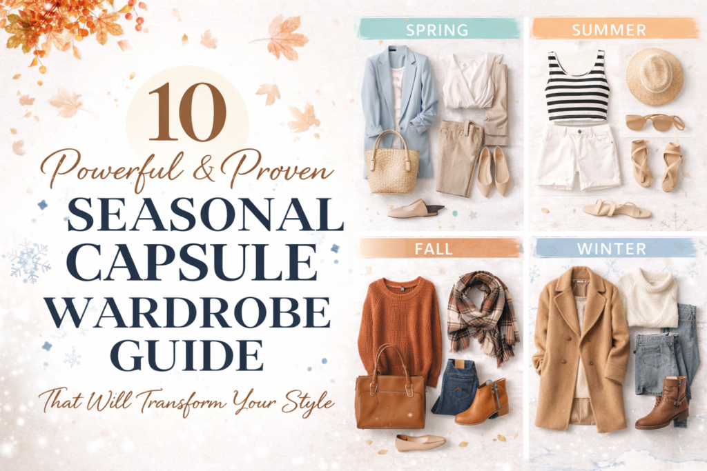 Seasonal capsule wardrobe guide showing organized neutral clothing pieces for spring, summer, fall, and winter arranged in a minimalist closet layout