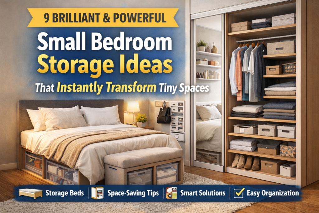 Small bedroom storage ideas featuring a compact bedroom with storage bed drawers, sliding wardrobe, and organized shelving