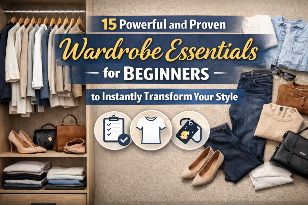 Wardrobe essentials for beginners featuring neutral clothing basics like white t-shirt, dark jeans, blazer, and versatile shoes