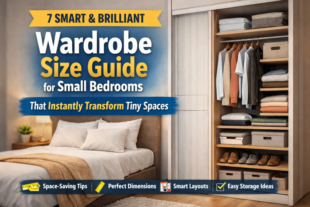 Wardrobe size guide for small bedrooms feature image showing a compact bedroom with a space-saving wardrobe and organized storage