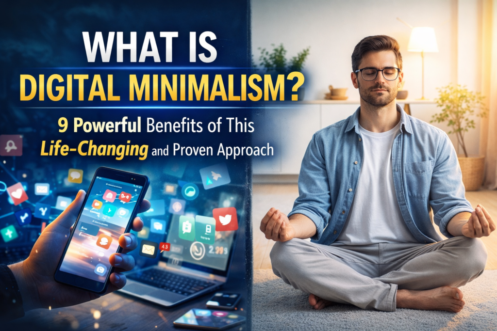 What Is Digital Minimalism – visual contrast between digital overload and mindful technology use