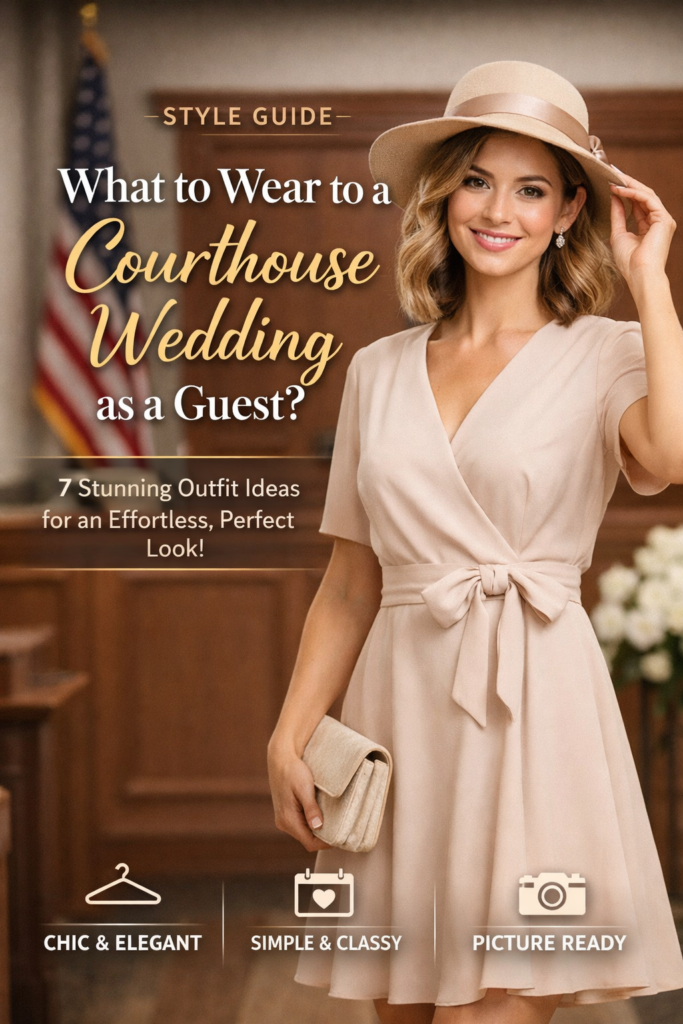 What to wear to a courthouse wedding as a guest featuring a chic beige wrap dress styled for a civil ceremony