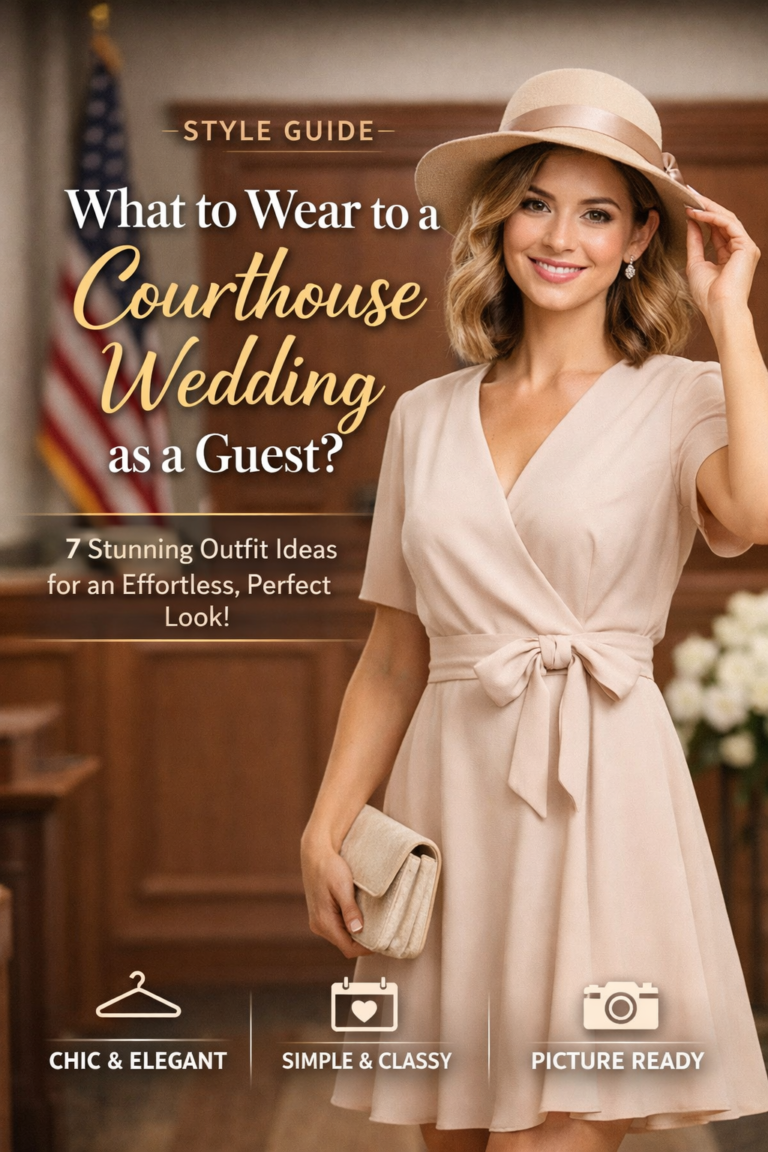 What to wear to a courthouse wedding as a guest featuring a chic beige wrap dress styled for a civil ceremony