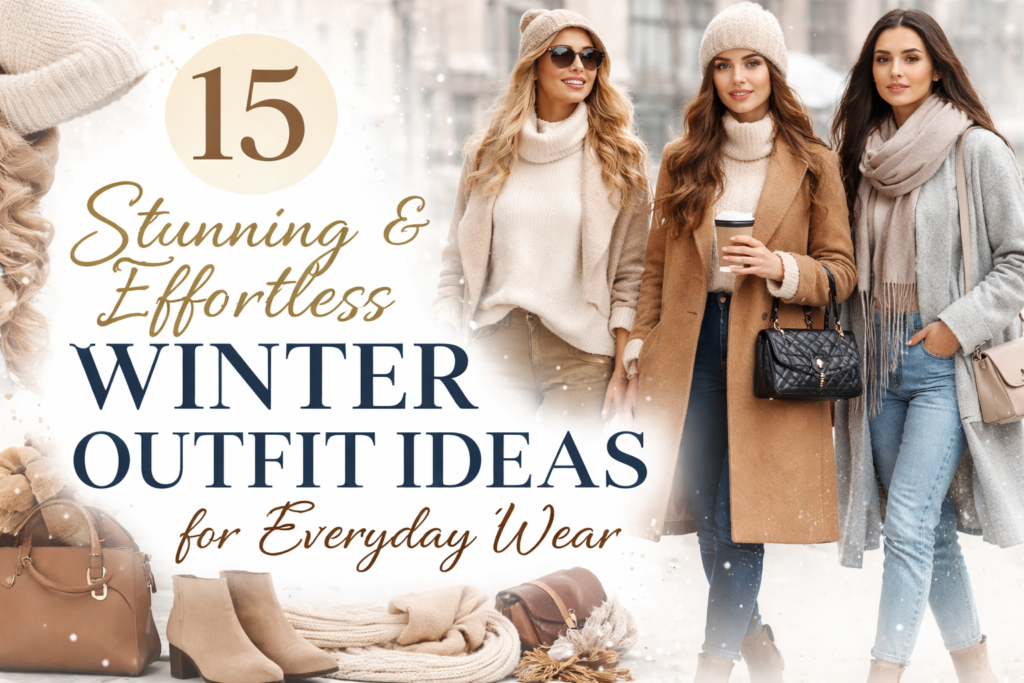 Winter outfit ideas for everyday wear featuring three women in stylish coats, sweaters, scarves, and boots in a snowy city setting