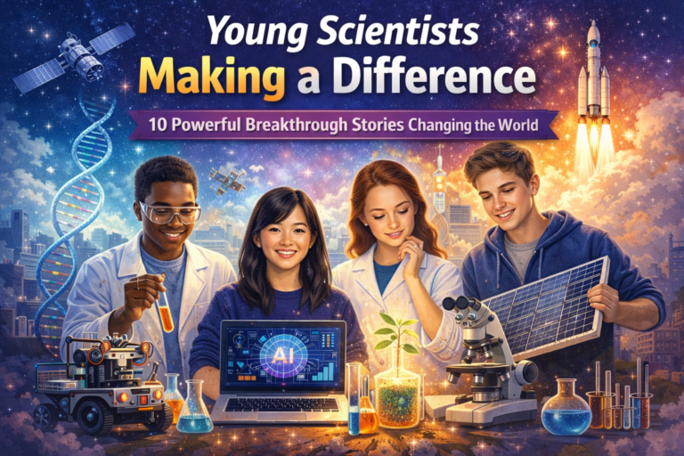 Young scientists making a difference working on STEM projects including robotics, renewable energy, artificial intelligence, and laboratory research.