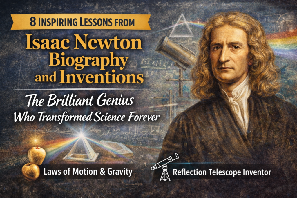Isaac Newton biography and inventions feature image showing the famous scientist with gravity, prism, and telescope elements