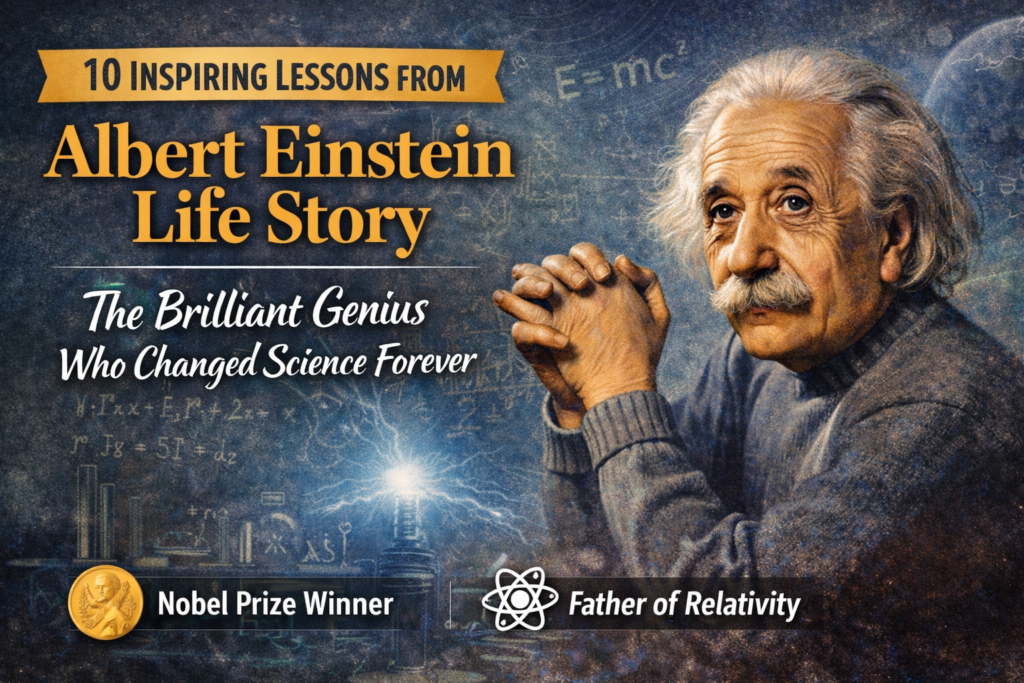Albert Einstein life story feature image showing the legendary physicist with scientific formulas and a cosmic background