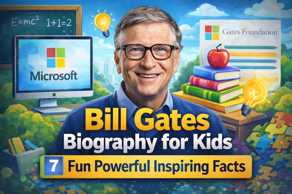 Bill Gates biography for kids feature image showing Microsoft success and learning inspiration