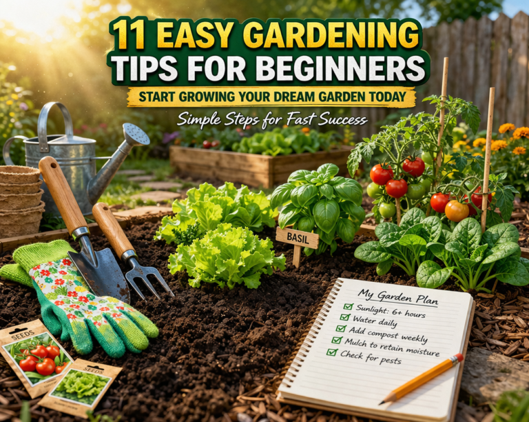 Easy gardening tips for beginners shown in a sunny home garden with basic tools seedlings herbs and vegetables
