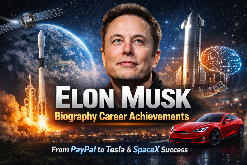 Elon Musk biography career achievements showing his success in Tesla SpaceX and innovation