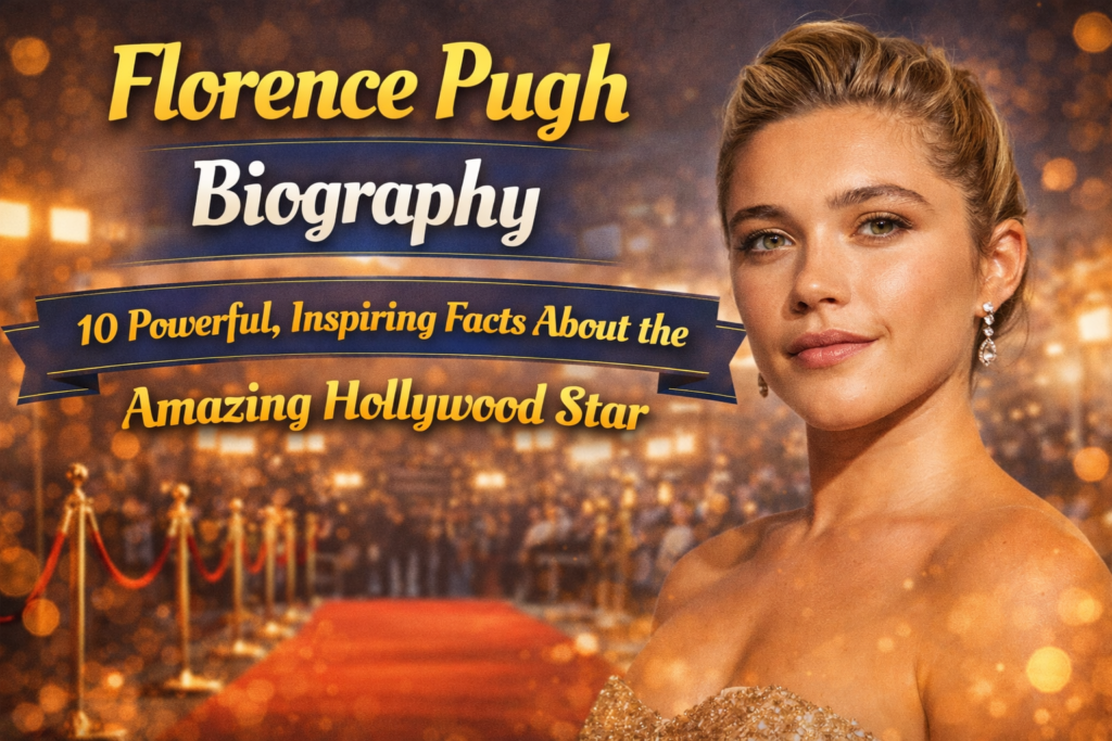 Florence Pugh biography featured image showing the talented Hollywood actress and her successful film career