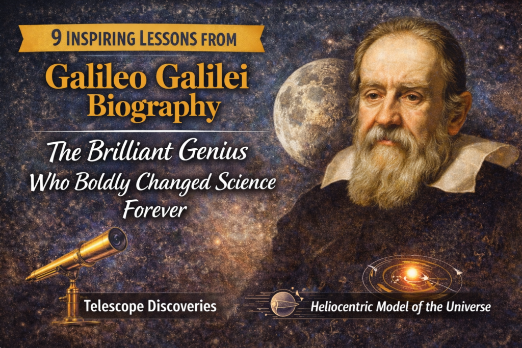 Galileo Galilei biography feature image showing the famous astronomer with a telescope and space observation elements