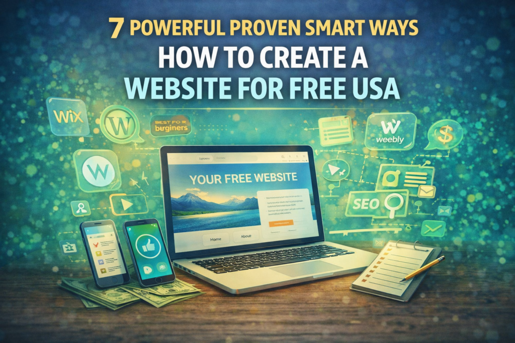 How to create a website for free USA feature image showing website builder dashboard laptop design tools and beginner site setup