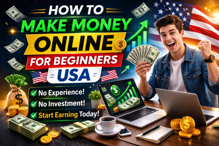 How to make money online for beginners USA feature image showing laptop cash growth chart and beginner online income ideas