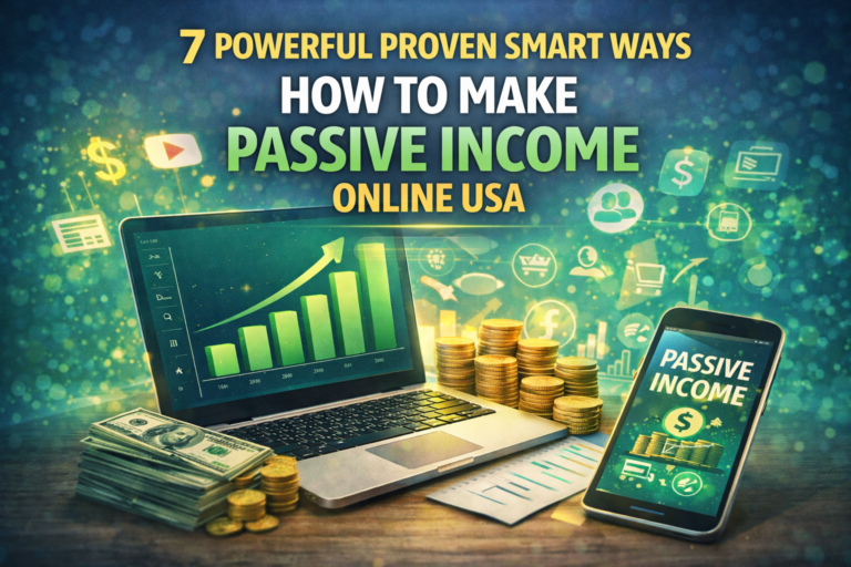 How to make passive income online USA feature image showing laptop online earnings dashboard money icons and digital income ideas