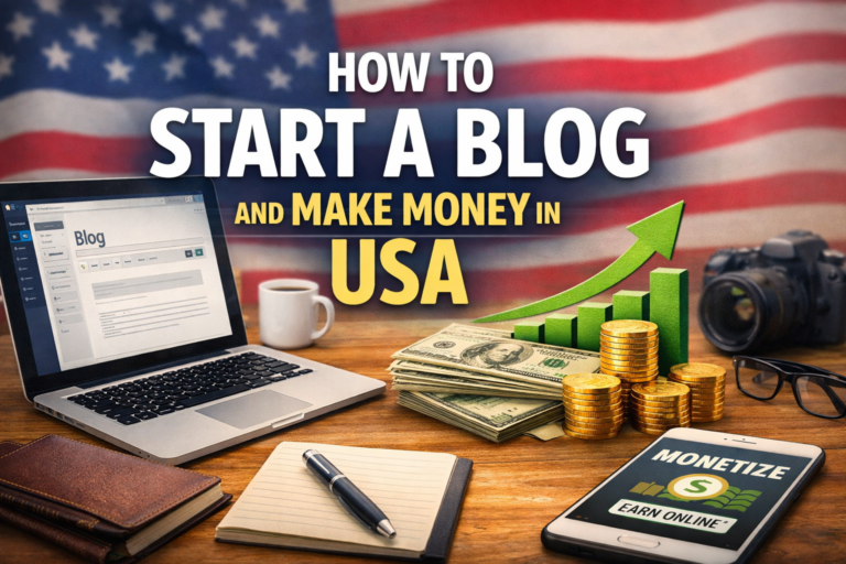 How to start a blog and make money in USA feature image showing laptop blog dashboard money coins and growth chart