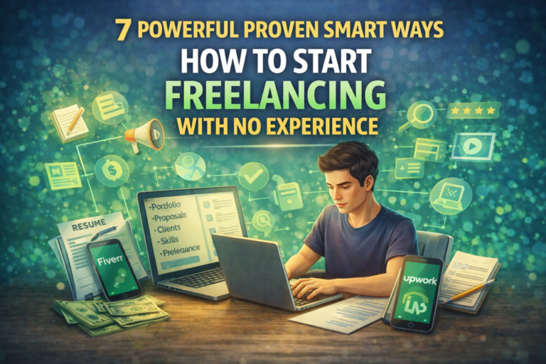 How to start freelancing with no experience feature image showing laptop freelance workspace client work icons and beginner online career concept