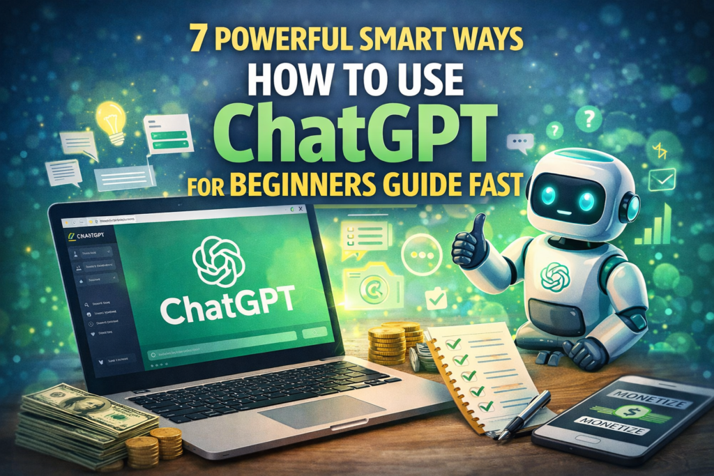 How to use chatgpt for beginners guide showing laptop chat interface prompt examples and beginner workflow setup