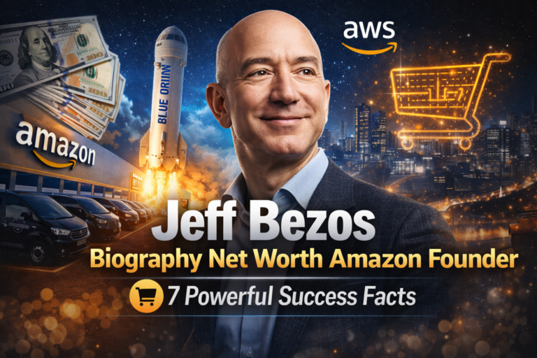 Jeff Bezos biography net worth Amazon founder feature image showing Amazon success and business growth