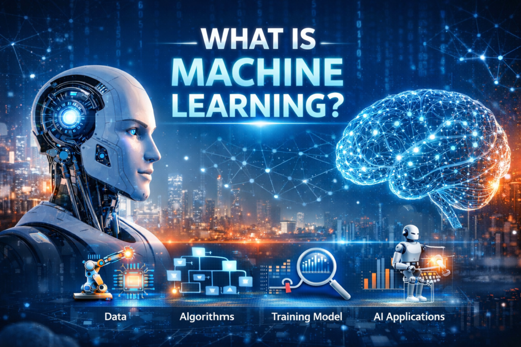 Machine learning feature image showing data patterns neural network and smart digital technology