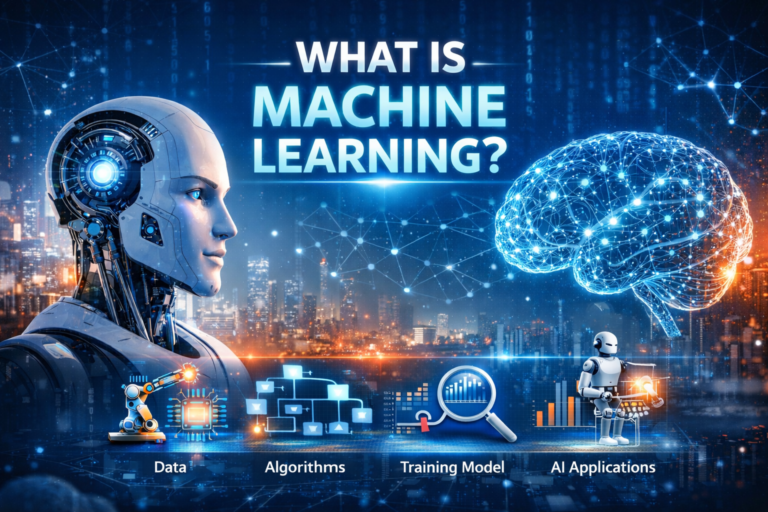 Machine learning feature image showing data patterns neural network and smart digital technology