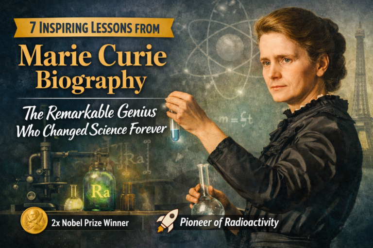 Marie Curie biography feature image showing the pioneering scientist in a laboratory setting