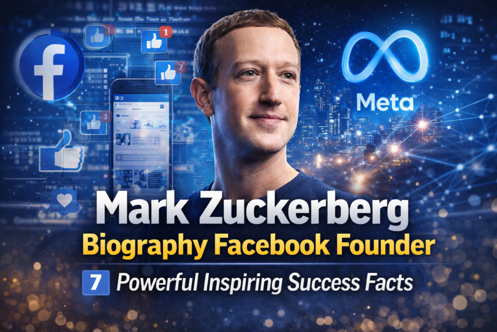 Mark Zuckerberg biography Facebook founder feature image showing Facebook growth and Meta innovation