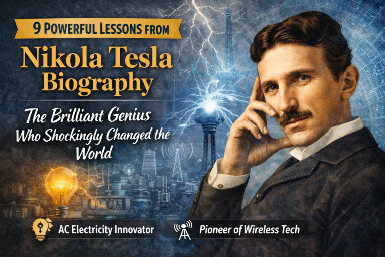 Nikola Tesla biography feature image showing the visionary inventor with electricity and laboratory equipment