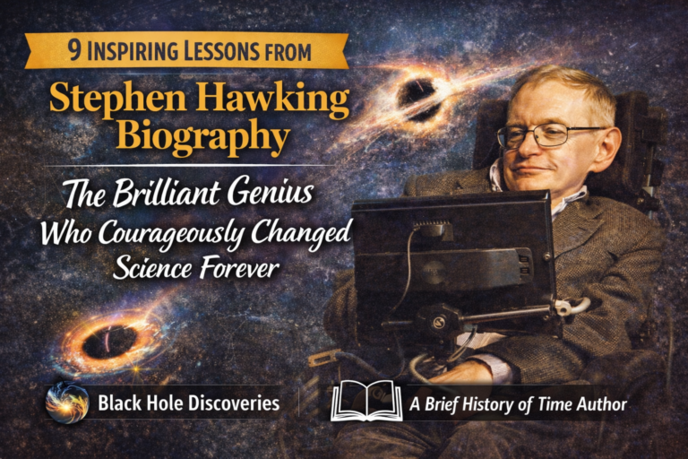 Stephen Hawking biography feature image showing the famous physicist with a cosmic background and space science elements