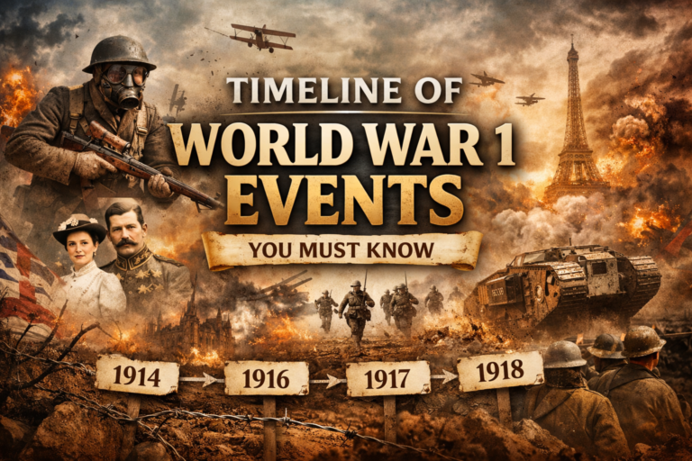 Timeline of World War 1 events showing key battles and major moments from 1914 to 1918