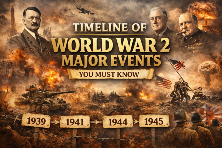 Timeline of World War 2 major events showing key battles and turning points from 1939 to 1945
