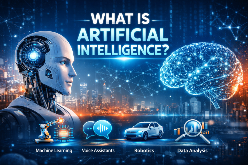 What is artificial intelligence feature image showing a humanoid robot digital brain and AI technology concepts