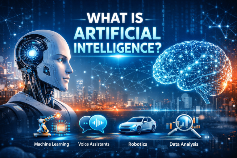 What is artificial intelligence feature image showing a humanoid robot digital brain and AI technology concepts