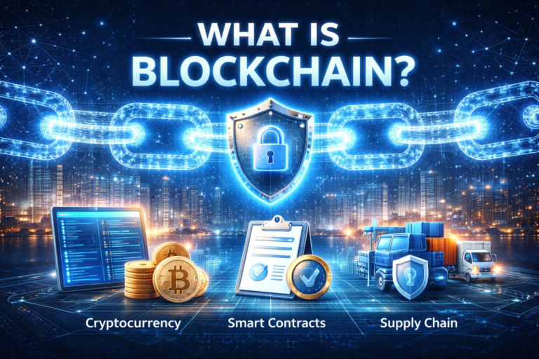 What is blockchain feature image showing digital blocks secure network and blockchain technology concept