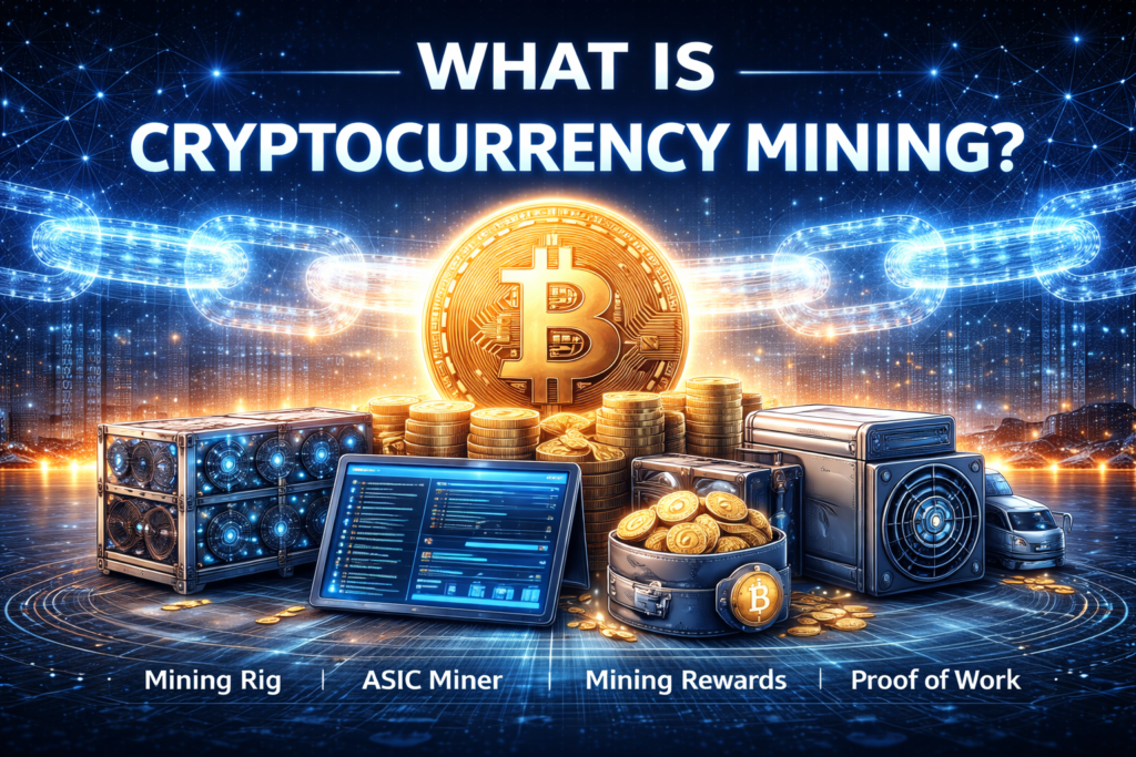 What is cryptocurrency mining feature image showing digital mining process blockchain network and crypto coins