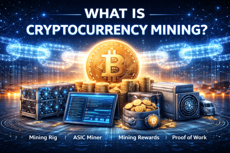 What is cryptocurrency mining feature image showing digital mining process blockchain network and crypto coins